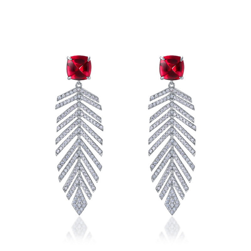 Luxury 8x8mm lab-grown ruby wheat earrings featuring princess-cut red gemstones with pave diamond fringe.