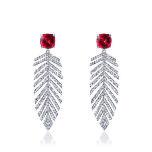 Luxury 8x8mm lab-grown ruby wheat earrings featuring princess-cut red gemstones with pave diamond fringe.