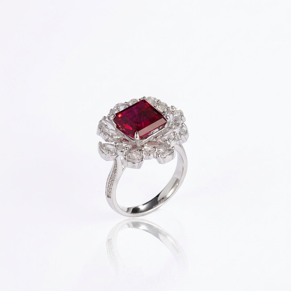 Three-quarter studio shot of a luxury asscher-cut ruby floral cluster ring with a polished white-gold shank.