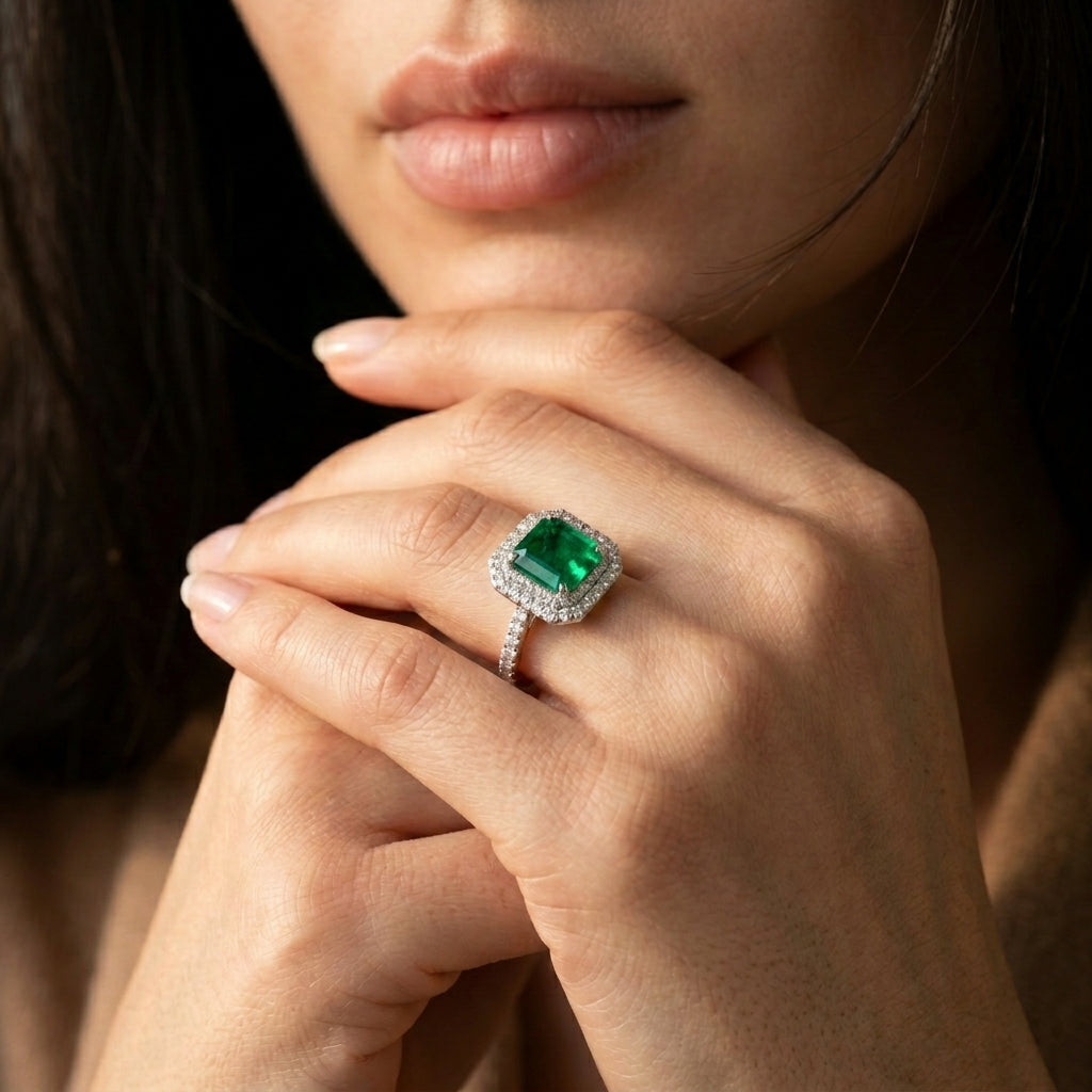 Close-up editorial portrait of a model holding her chin, displaying a luxury emerald-cut lab emerald statement double halo ring.