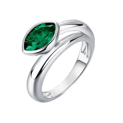 White background front view showcasing a luxury marquise-cut emerald bezel setting ring with a modern bypass split shank band.