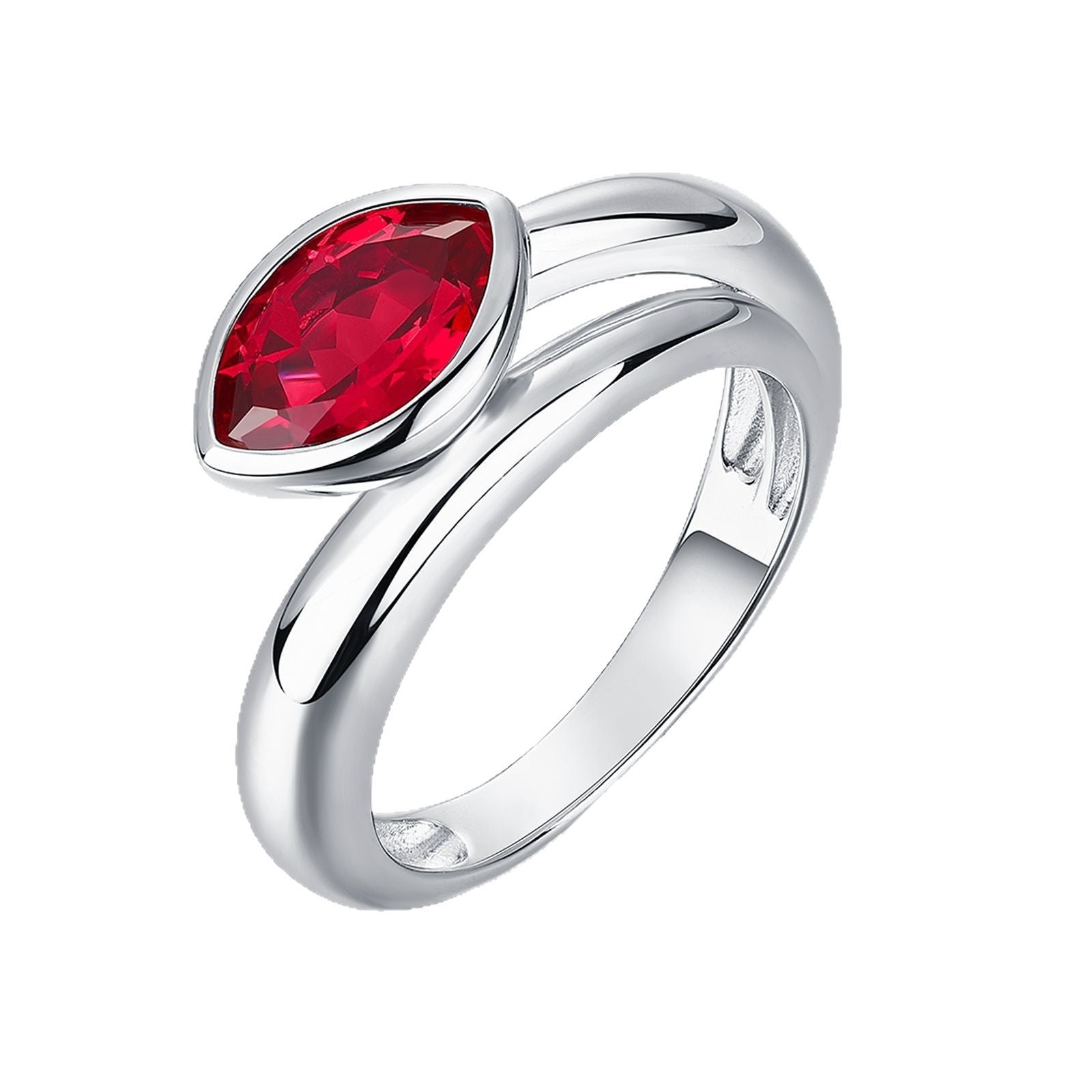 White background front view showcasing a luxury marquise-cut ruby bezel setting ring with a modern bypass split shank band.