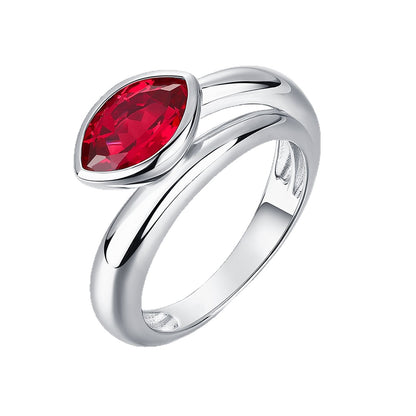 White background front view showcasing a luxury marquise-cut ruby bezel setting ring with a modern bypass split shank band.