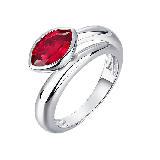 White background front view showcasing a luxury marquise-cut ruby bezel setting ring with a modern bypass split shank band.
