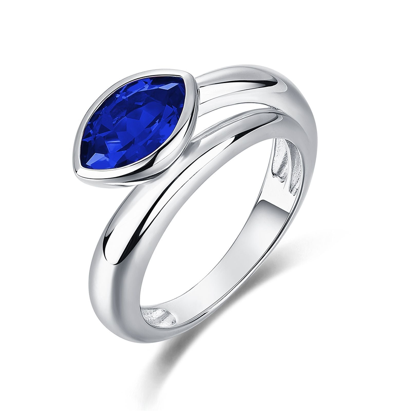 White background front view showcasing a luxury marquise-cut blue sapphire bezel setting ring with a modern bypass split shank band.
