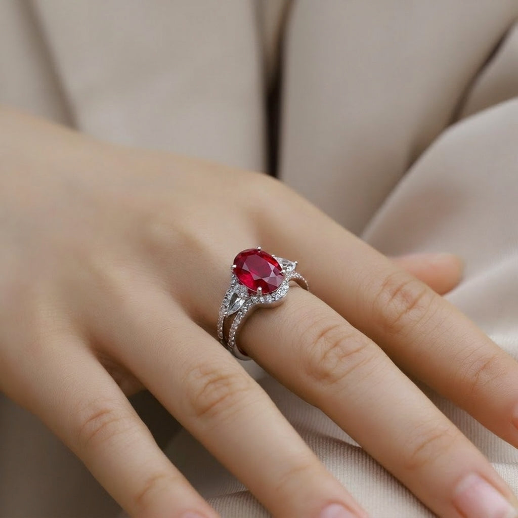 Side angle lifestyle shot of a model showcasing a luxury oval ruby split-shank ring on her finger.