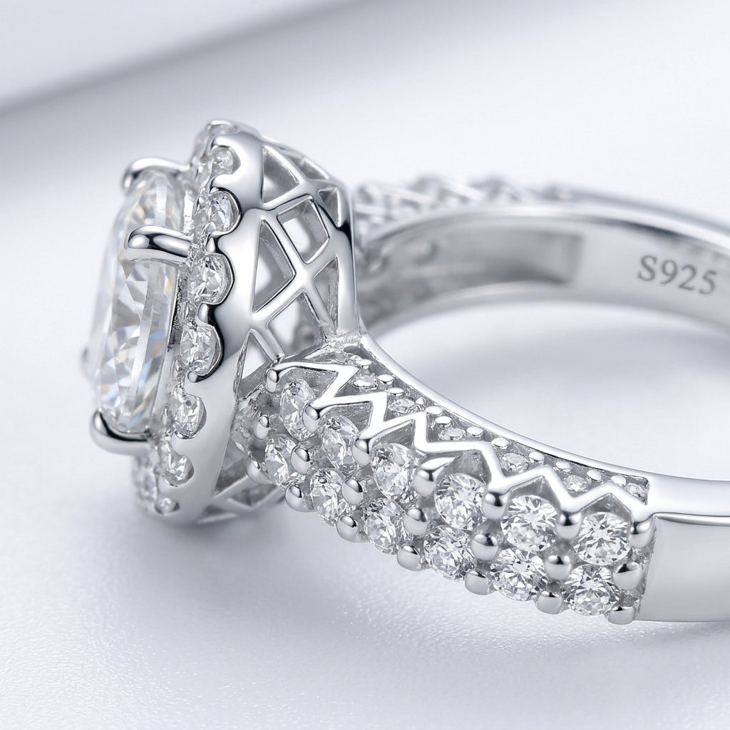Micro profile close-up on the intricate filigree under-gallery, double row pave band, and S925 hallmark stamp.