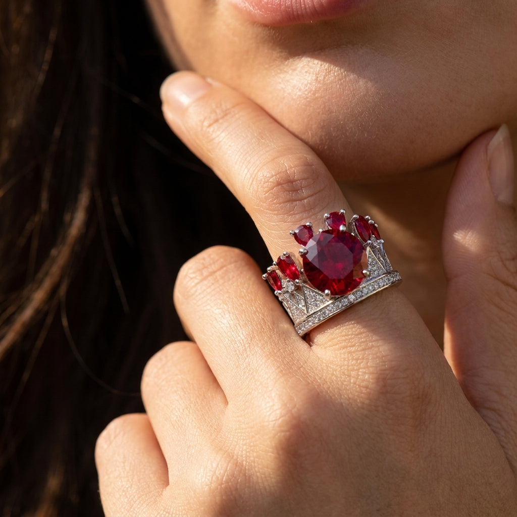 Model wearing an elegant vintage crown ruby ring for a high-fashion editorial look.