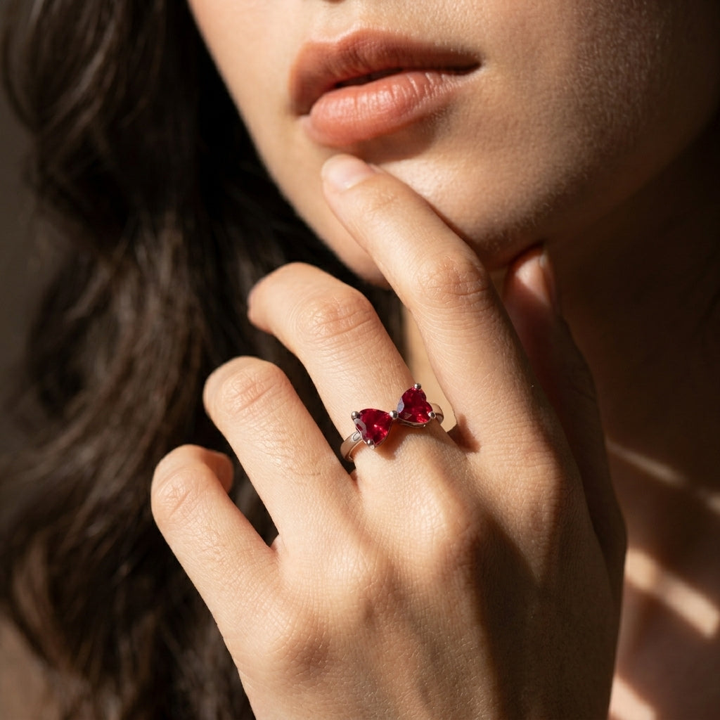 Close-up lifestyle view of a model showcasing the luxury ruby heart ribbon open ring under dramatic artistic lighting.