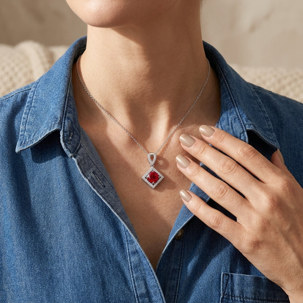 Close-up lifestyle view of a model showcasing the luxury ruby rhombus halo pendant necklace styled with a blue denim shirt.