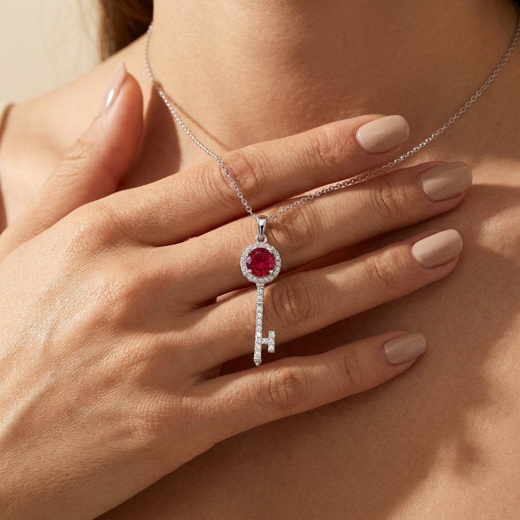 Portrait view of an elegant model wearing a classic ruby key motif talisman necklace with a casual white shirt.