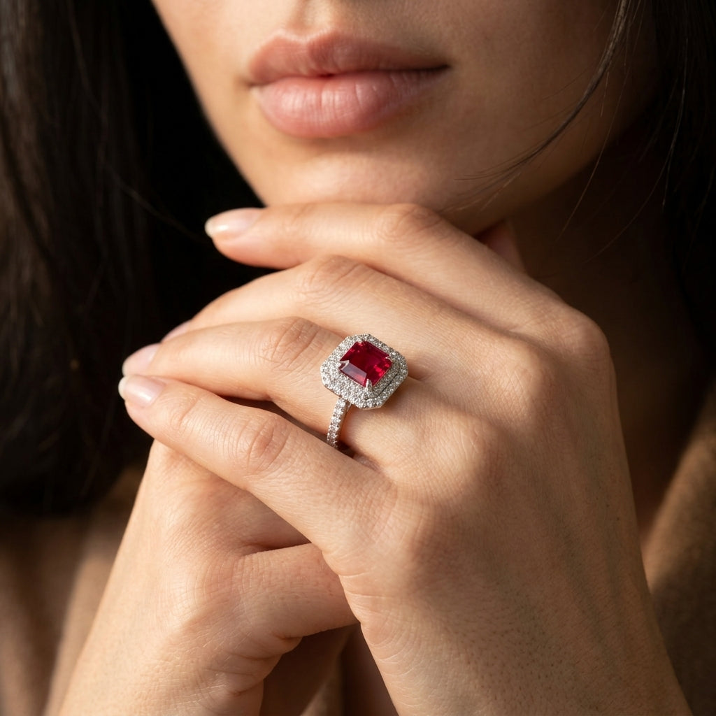 Close-up editorial portrait of a model holding her chin, displaying a luxury emerald-cut ruby statement double halo ring.