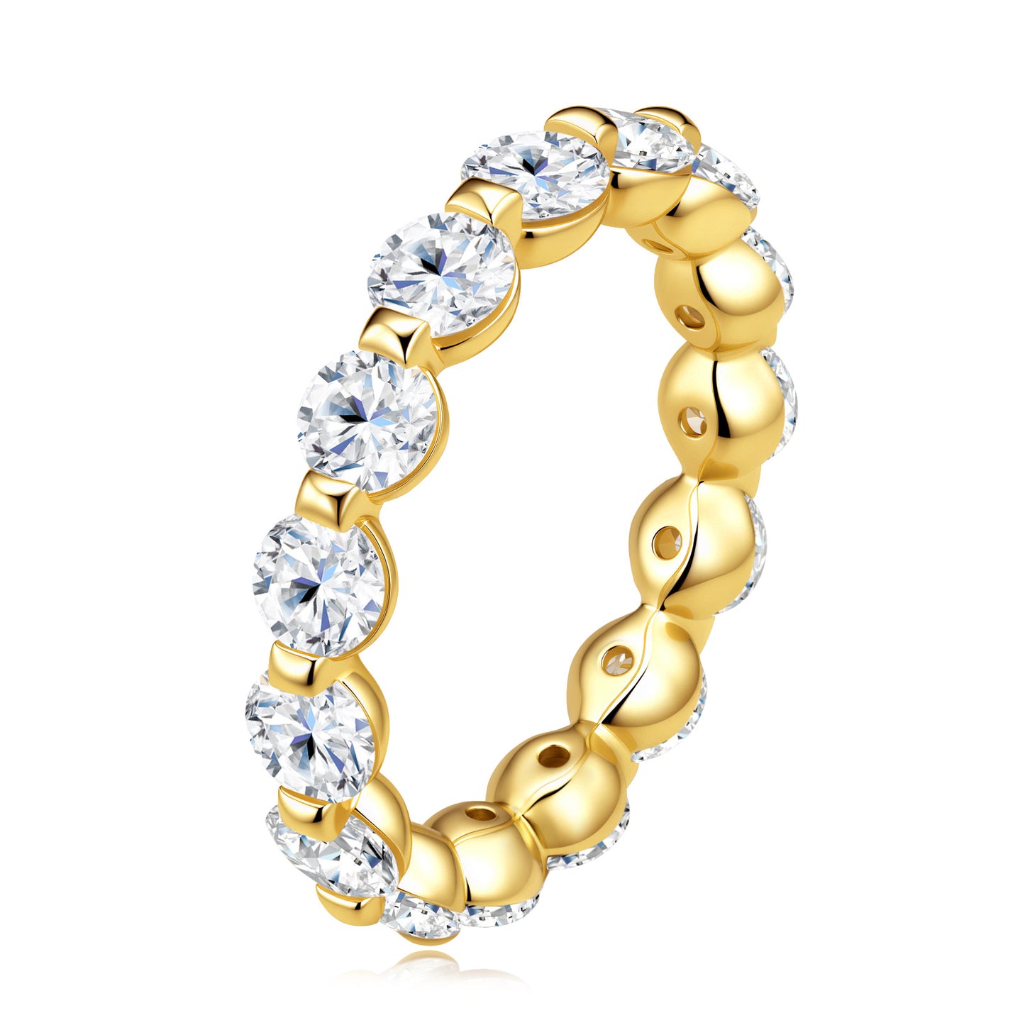 A gold-plated eternity ring featuring alternating round clear cubic zirconia stones and polished gold bead segments, shown on a clean white background.