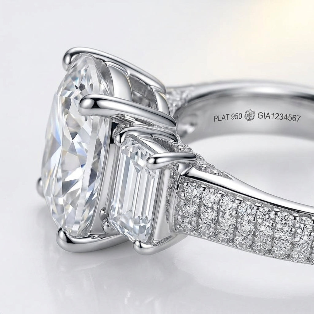 Close macro view highlighting the baguette setting, under-gallery, and triple row pave shank of a luxury moissanite proposal ring.