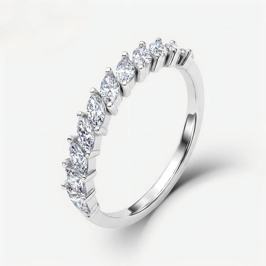 Marquise cut lab diamond shared prong half eternity wedding ring in 925 sterling silver.