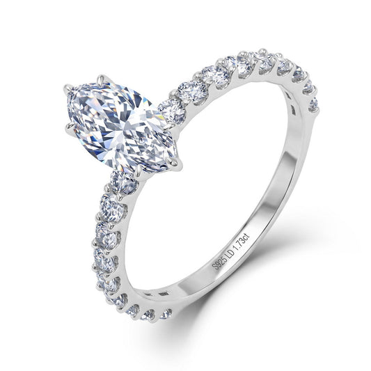 Marquise cut lab diamond solitaire ring with shared prong accent pave band in 925 sterling silver.