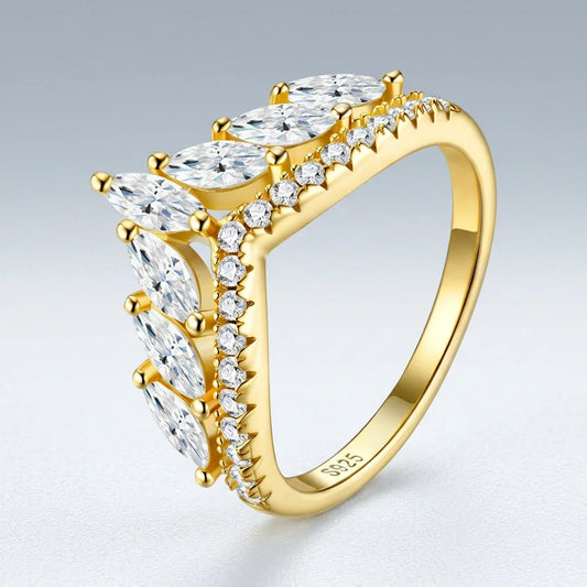 Gold marquise cut moissanite crown tiara chevron stacking ring showing S925 hallmark and pave band details.