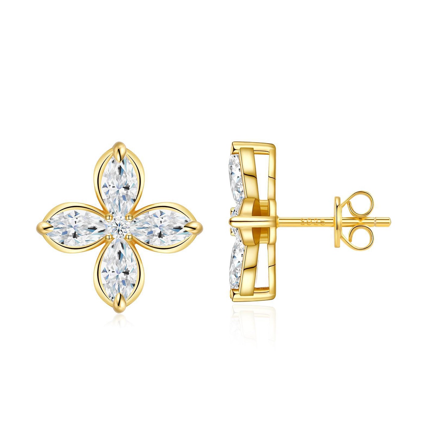 Gold marquise cut moissanite four-leaf clover flower stud earrings with S925 hallmark on white background.