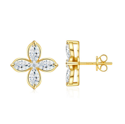 Gold marquise cut moissanite four-leaf clover flower stud earrings with S925 hallmark on white background.