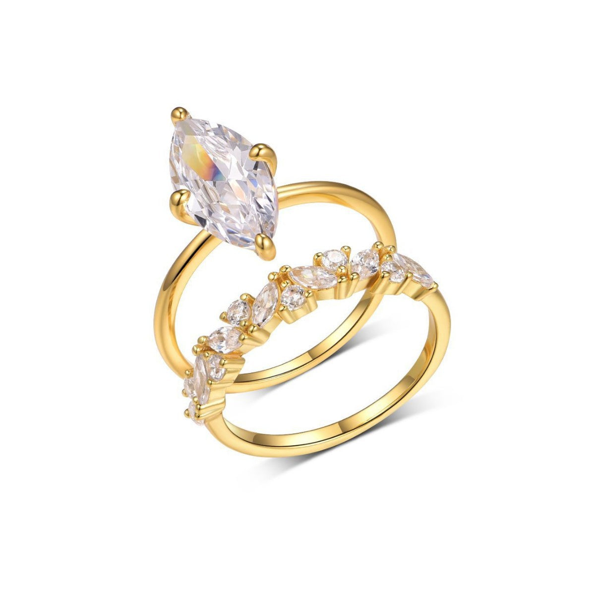 Marquise cut moissanite solitaire and crown stacking ring set in 18K gold plated silver.