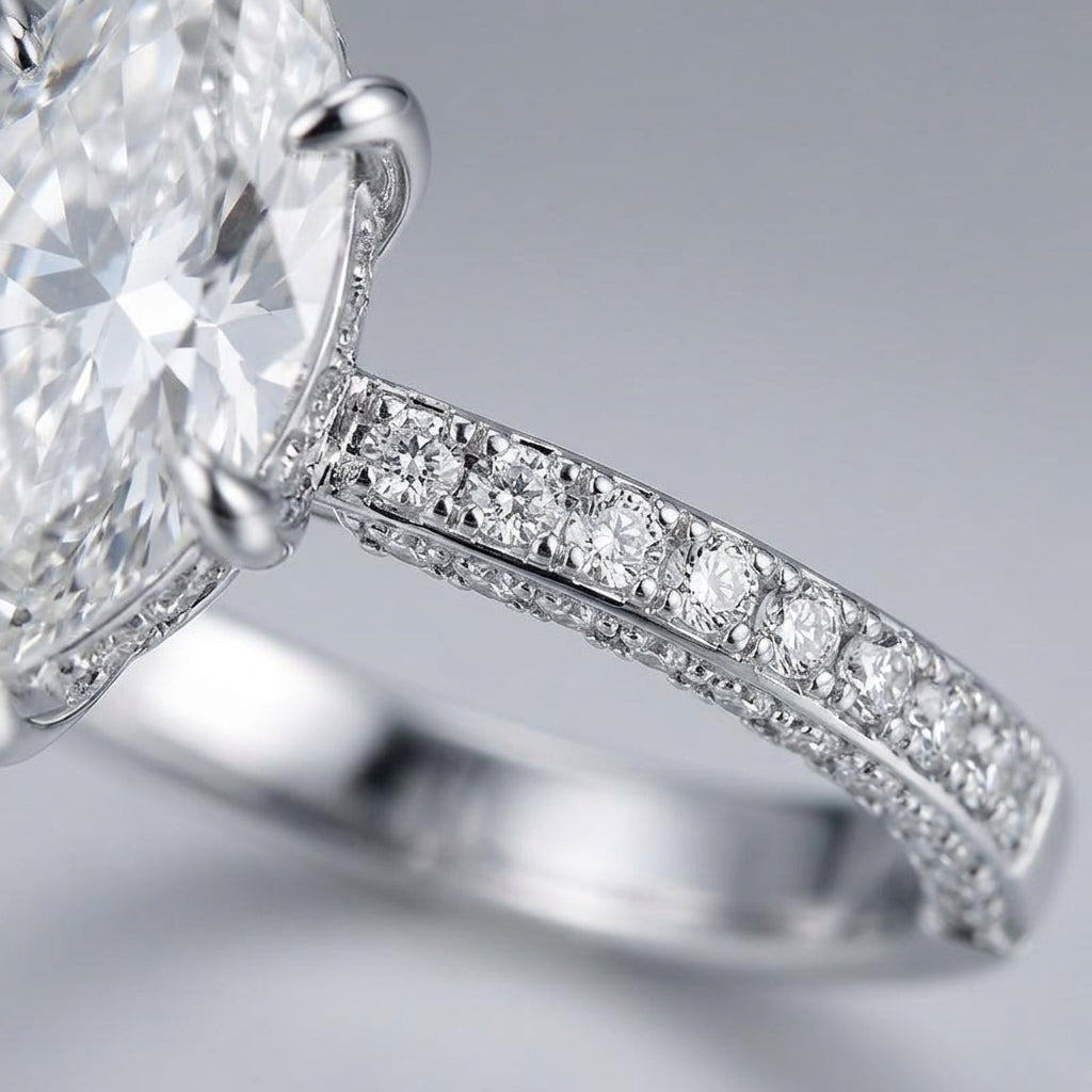 Macro view of double-row micro pave moissanites set along the ring band and base undergallery.
