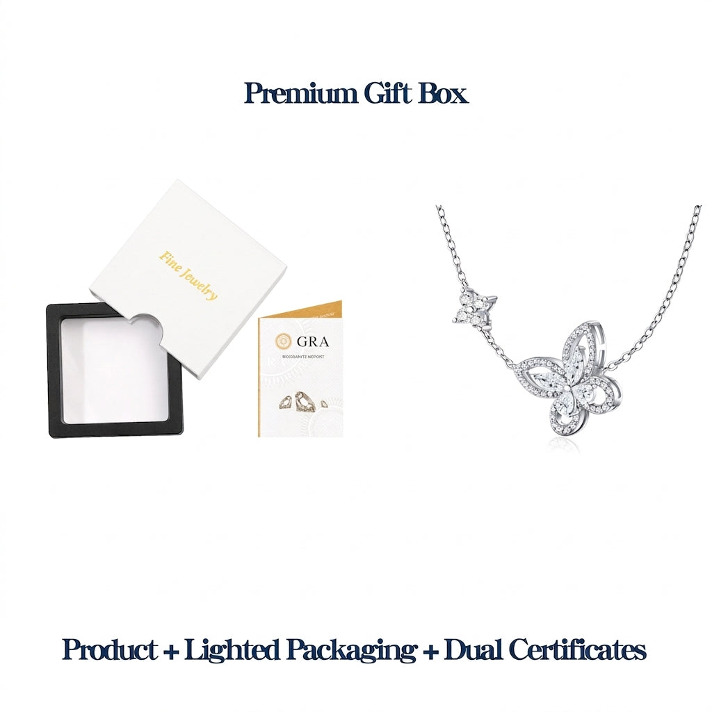Premium lighted presentation box and dual authenticity certificates for marquise moissanite butterfly floral necklace.