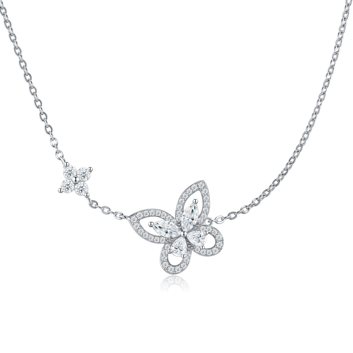 Marquise and pavé moissanite butterfly floral station necklace in 925 sterling silver.