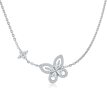 Marquise and pavé moissanite butterfly floral station necklace in 925 sterling silver.