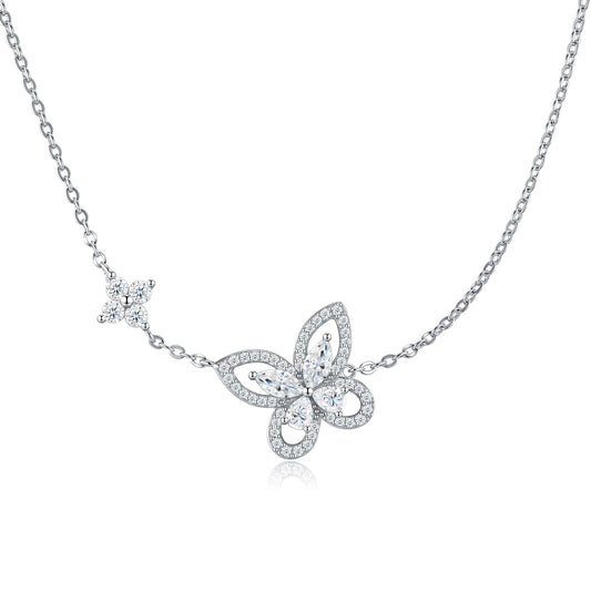 Marquise and pavé moissanite butterfly floral station necklace in 925 sterling silver.