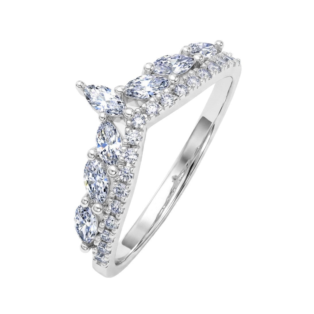 Marquise and round lab grown diamond curved wishbone ring in sterling silver isolated on white background