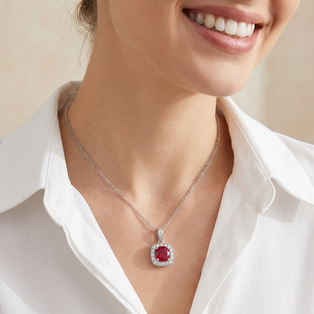 Editorial portrait view of a smiling model wearing a minimalist ruby cushion frame pendant necklace with a crisp white shirt.