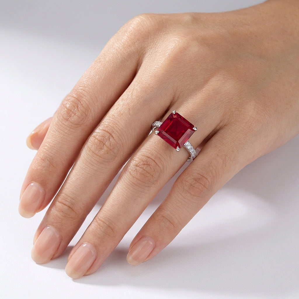 High-angle view of a luxury minimalist square ruby cocktail ring styled on a woman's finger.