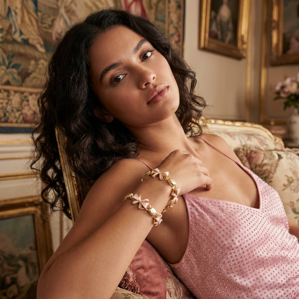Woman wearing Kendra Scott x LoveShackFancy gold bow bracelet alone on wrist