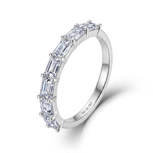 Modern 1.45ct emerald cut lab diamond stacking half eternity band ring in 925 sterling silver.