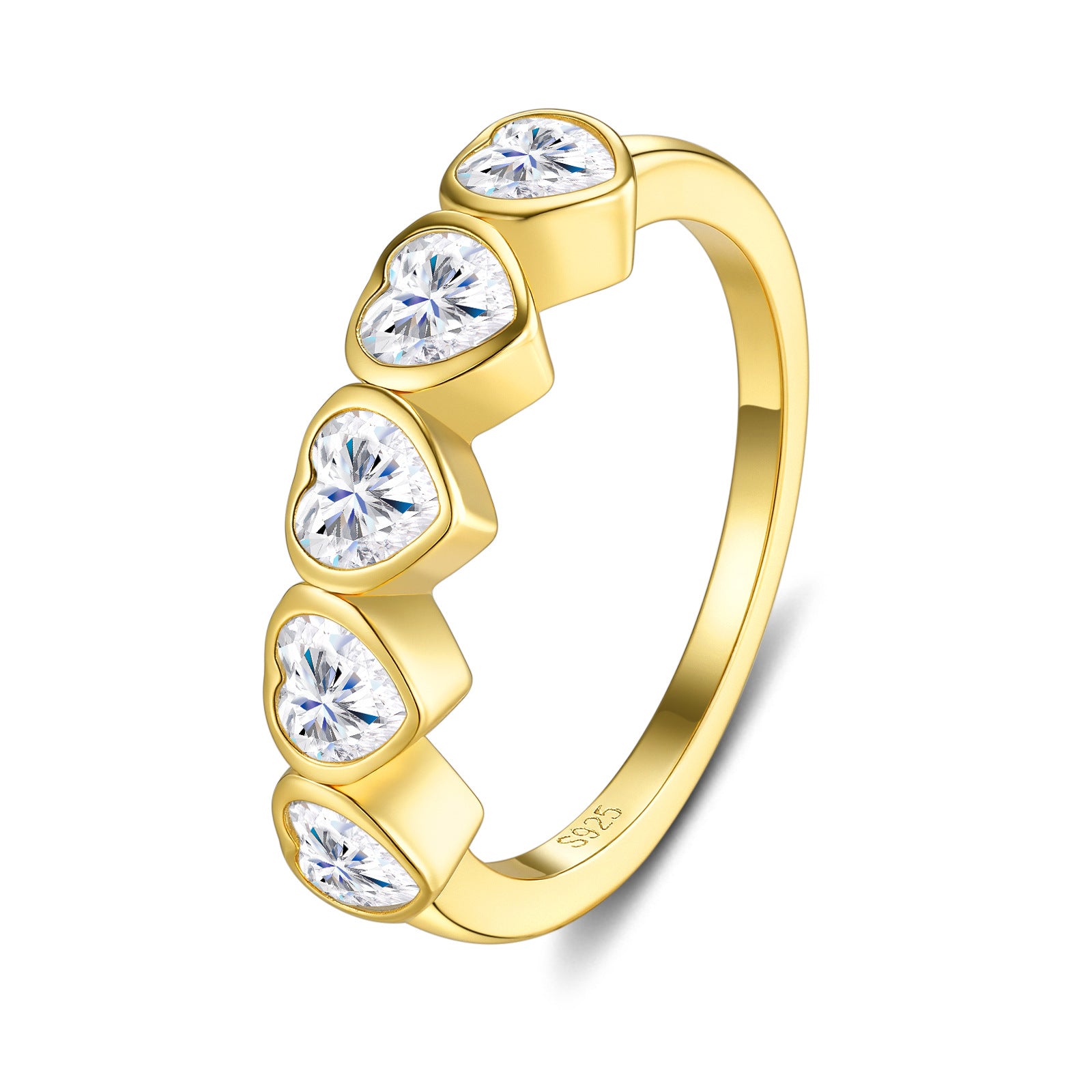 Profile angle studio perspective of a modern geometric multi heart bezel stacking ring highlighting the polished metal finish.