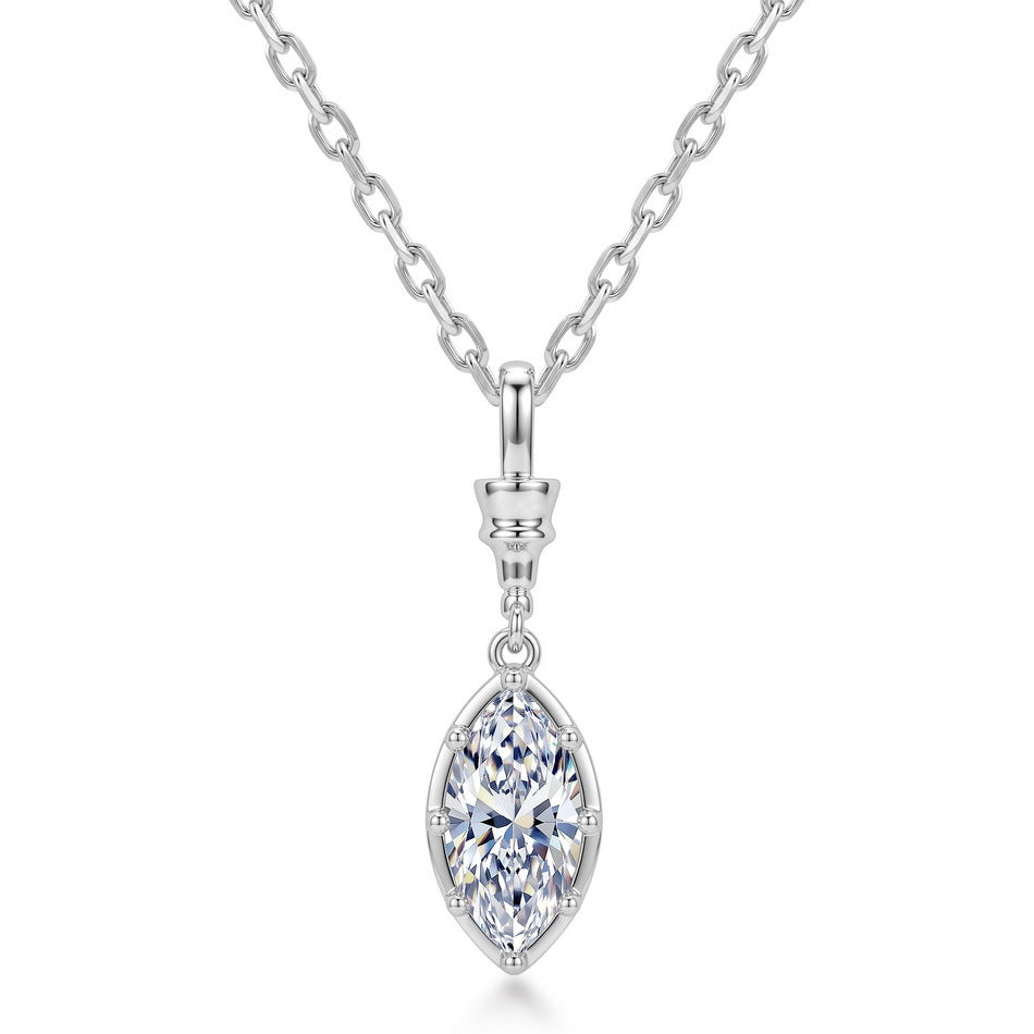 Modern marquise cut lab diamond bezel solitaire drop necklace in 925 sterling silver.