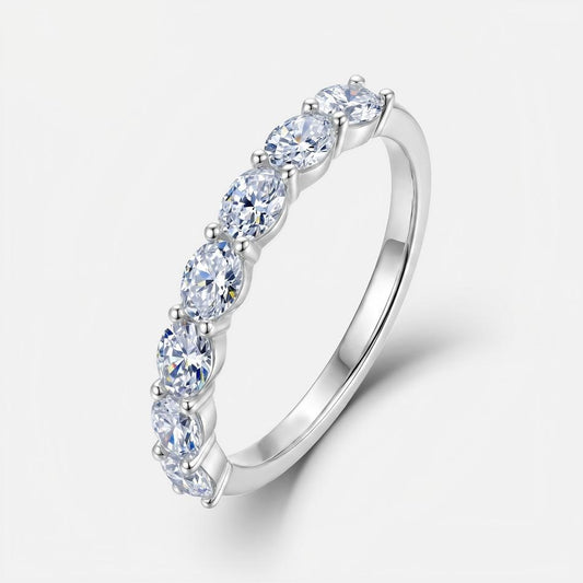 Modern oval cut lab diamond stacking half eternity band ring in 925 sterling silver.