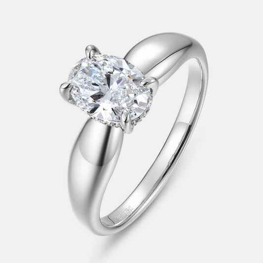 Modern oval lab diamond solitaire ring with sculptural bold dome band and hidden halo in 925 sterling silver.