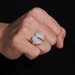 Model wearing S925 sterling silver iced out moissanite angel wings statement ring on finger
