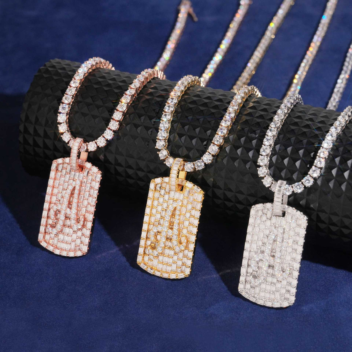 Rose gold, gold, and silver S925 moissanite baguette initial dog tag pendants with tennis chains