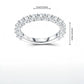 Studio front display of silver moissanite bubble half eternity wedding band with clear stone size and band millimeter dimensions.