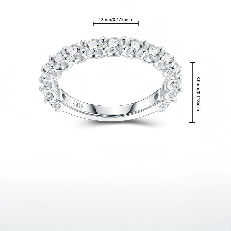 Studio front display of silver moissanite bubble half eternity wedding band with clear stone size and band millimeter dimensions.