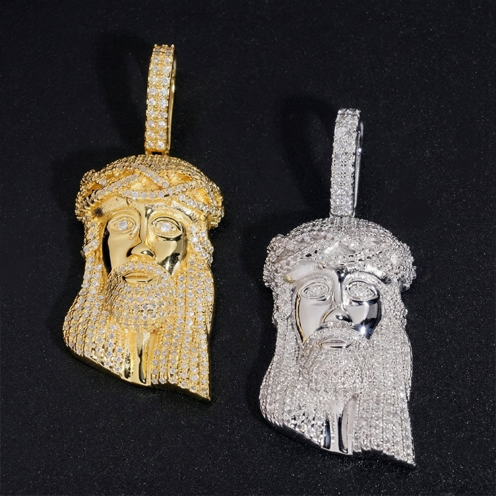 Gold and silver S925 sterling silver iced out moissanite classic Jesus piece pendants on dark background