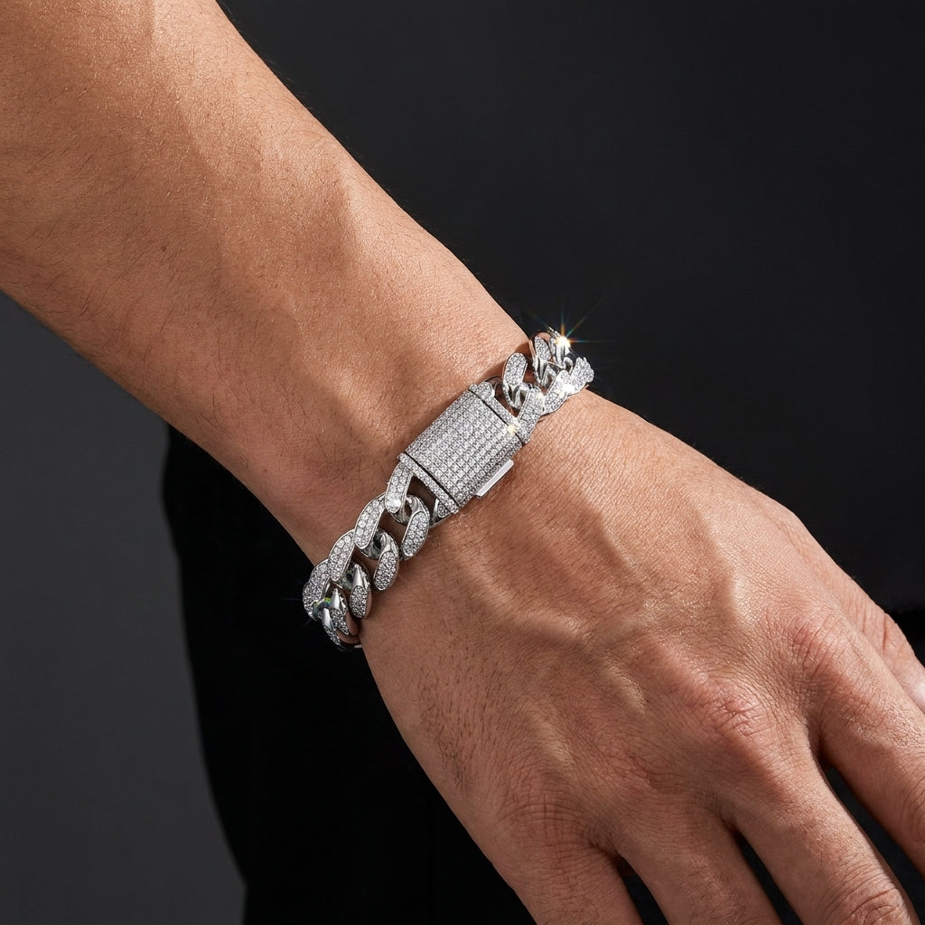 Close-up shot of a 12mm iced out moissanite Cuban bracelet worn on a male wrist, showcasing luxury fit and daily style.
