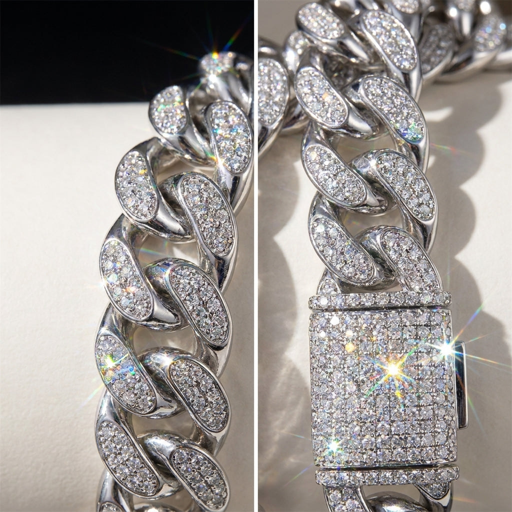 Macro detail of 12mm moissanite stones on a Cuban link chain, highlighting the rainbow fire and VVS clarity sparkling stones