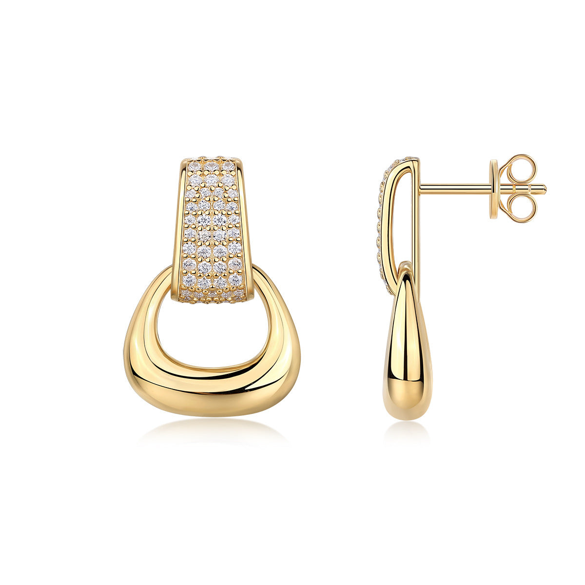 Gold micro-pavé moissanite stirrup door knocker dangle earrings, front and side profile view on white background.