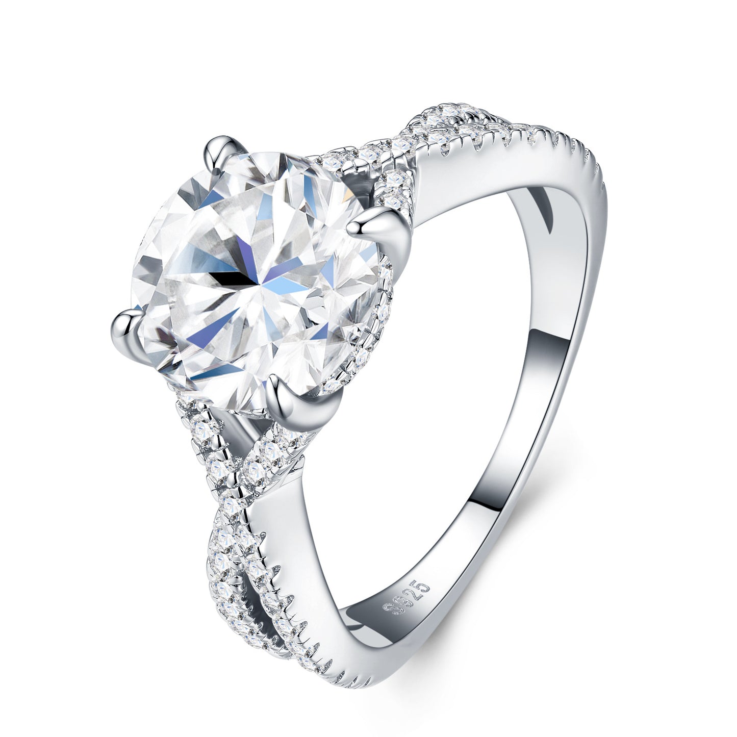 Angled product shot of moissanite twisted vine ring on white background, highlighting the micropavé diamond-like band.
