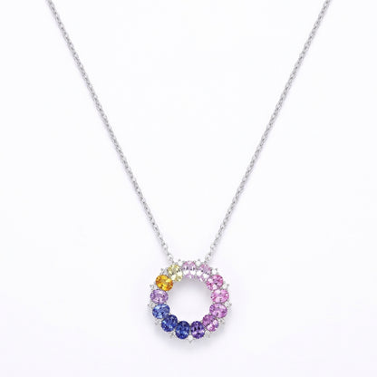Multi-color oval cut rainbow gemstone circle pendant necklace in 925 sterling silver.