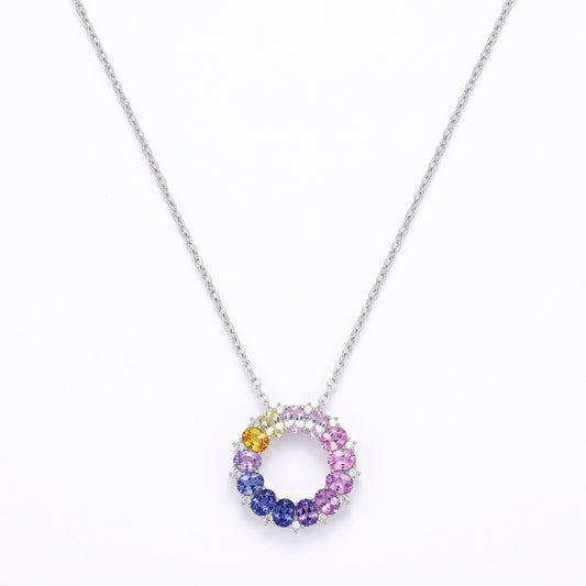 Multi-color oval cut rainbow gemstone circle pendant necklace in 925 sterling silver.
