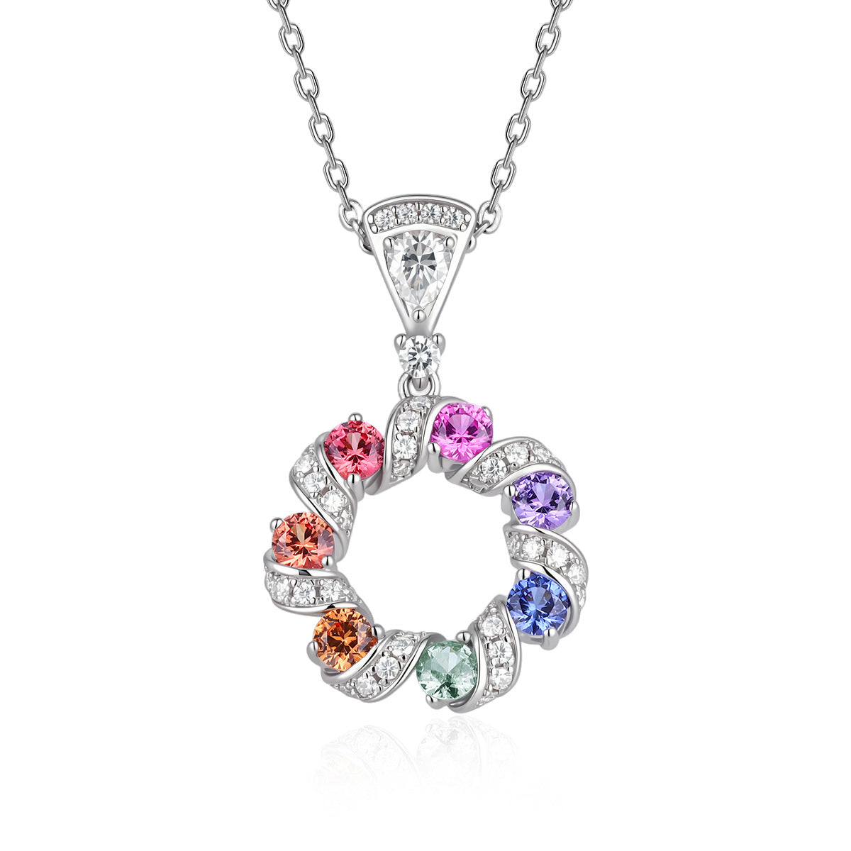 Multi-color sapphire wreath circle pendant necklace with pave ribbon in 925 sterling silver.